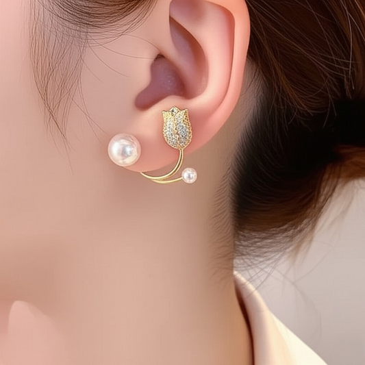Beautiful Pearl Zircon Korean Flower Earrings for Women